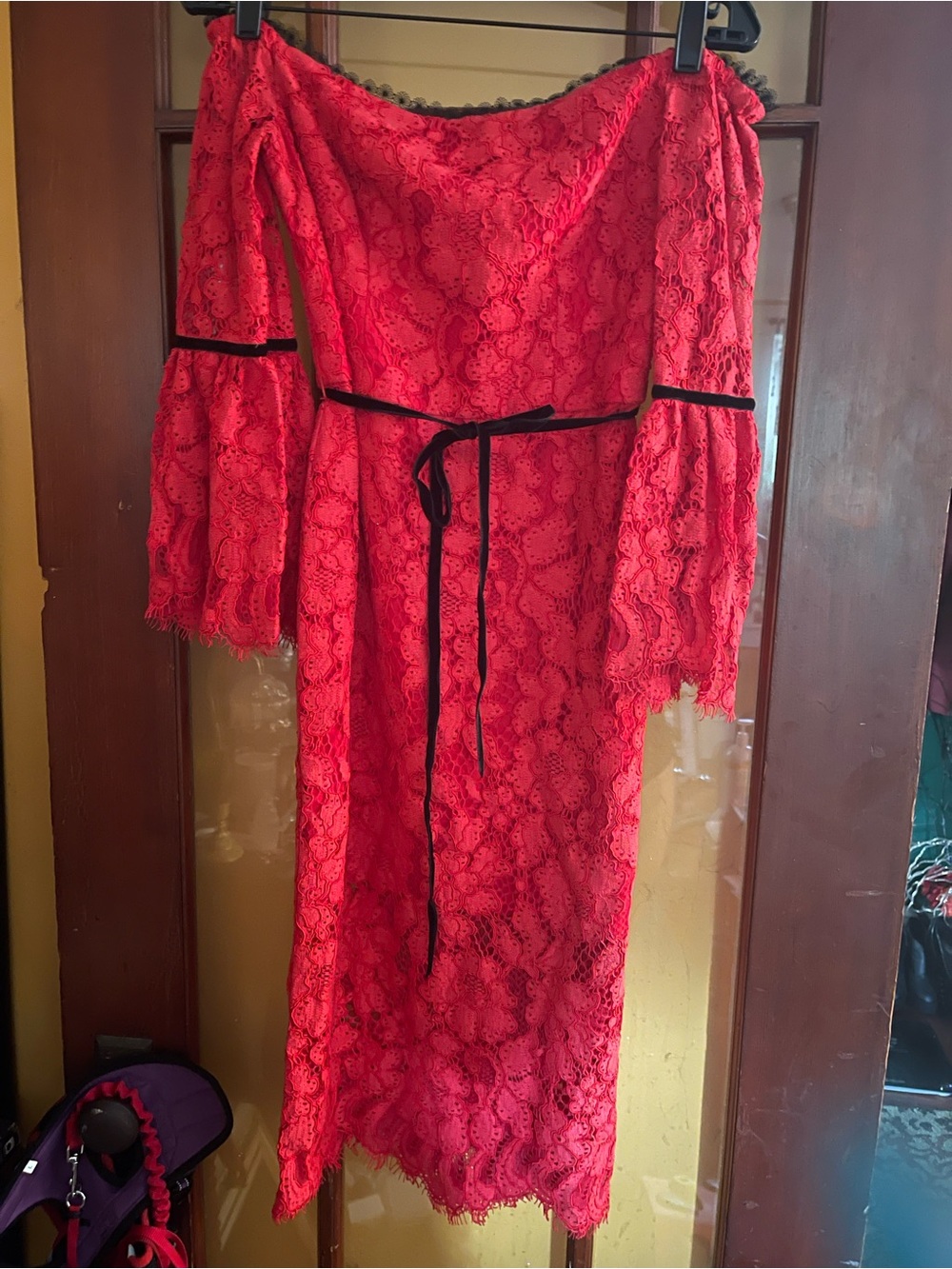 Like New Alexis Red Lace Off-Shoulder Cocktail Dress with Black Velvet Trim
